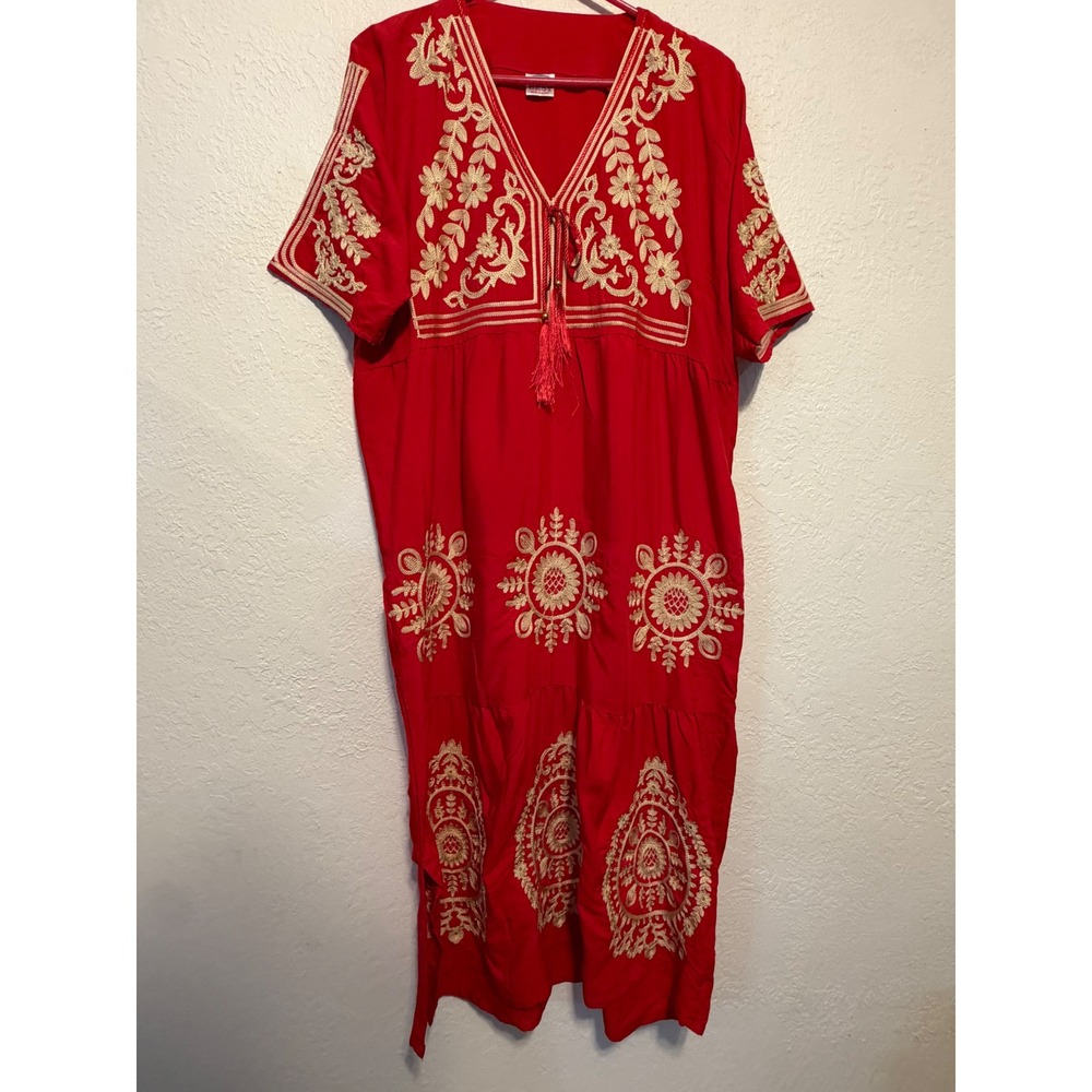 H.W. BRSY Red Gold Embroidered Egyptian Cotton Kaftan Maxi Dress Large